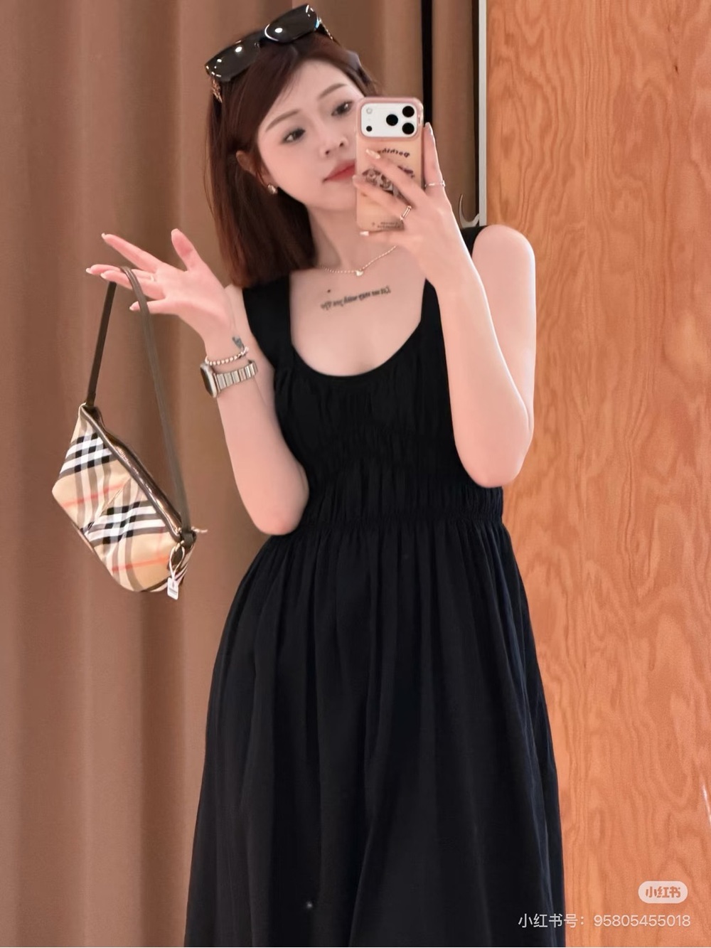 Burberry Black Sleeveless Smocked Waist Midi Dress